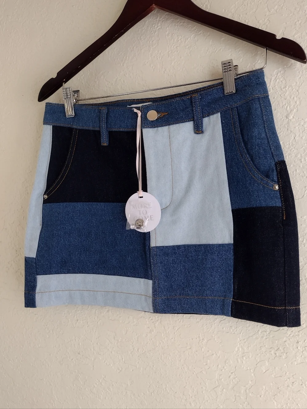 More To Come Korie Patch Mini Skirt in Blue Multi